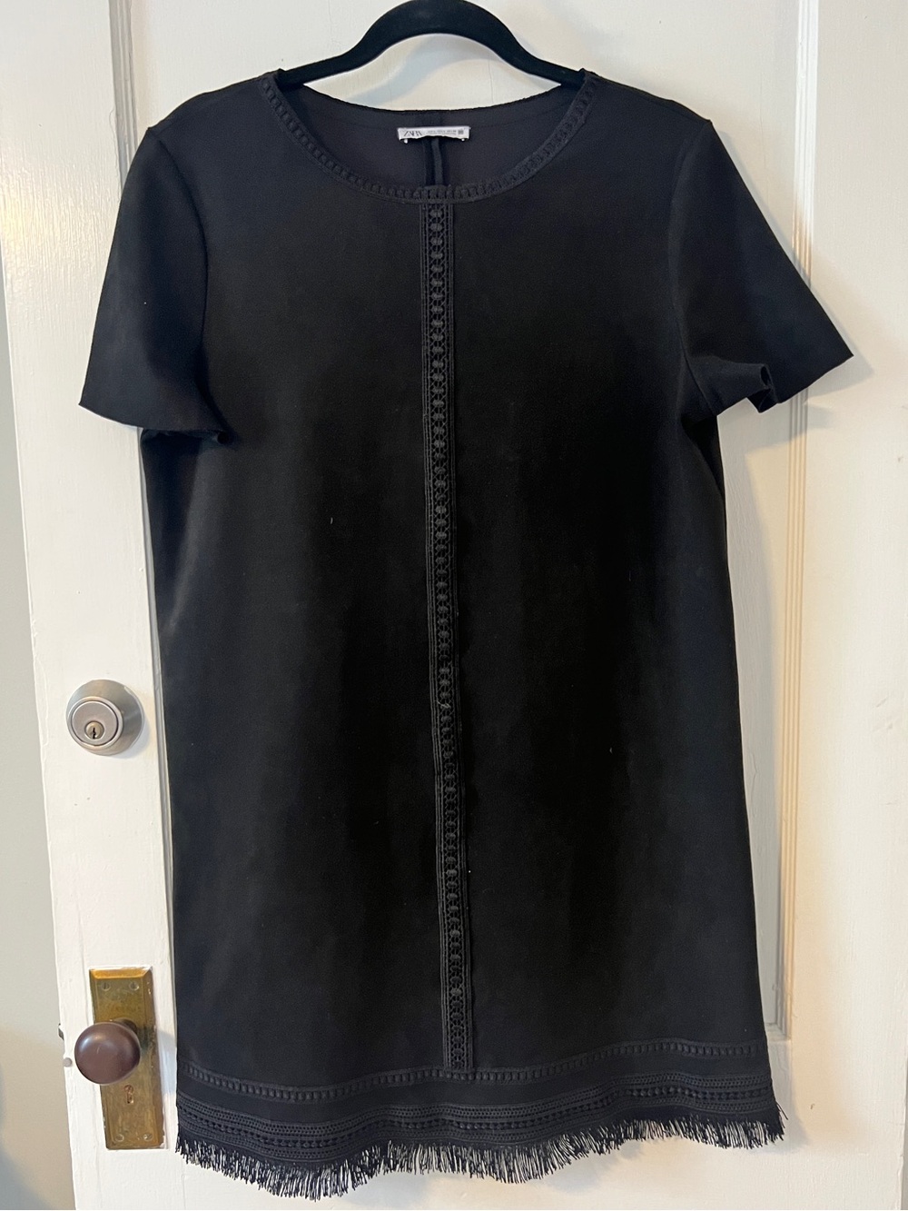 Zara Black Faux Suede Fringe Lace Mini Shift Dress Size L Boho Coquette Western